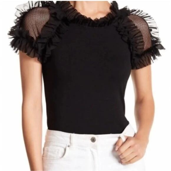 Sioni Goth Black Ruffle Mesh Short Sleeve Blouse Size M - Picture 2 of 8